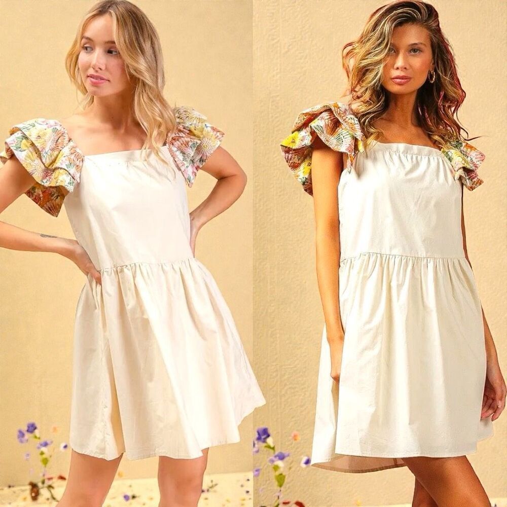 BiBi Floral Print Flutter Sleeve Babydoll Mini Dress Size XL NWT - Picture 4 of 14